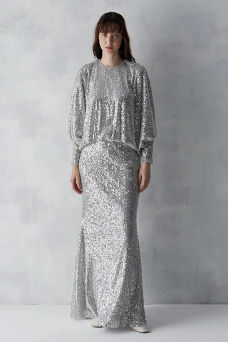 Sequined Blouse & Skirt Evening Set – Silver