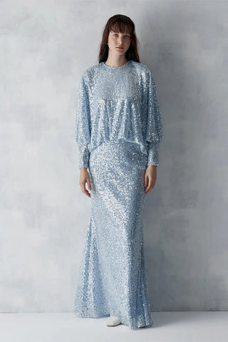 Sequined Blouse & Skirt Evening Set – Light Blue