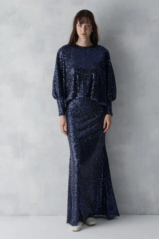 Sequined Blouse & Skirt Evening Set – Navy