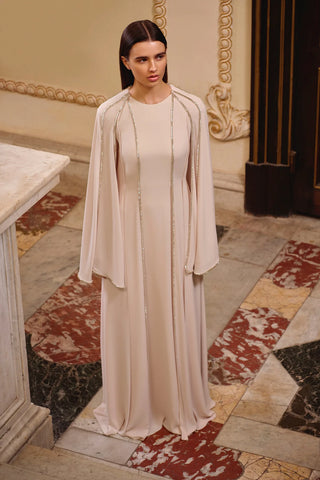 Long Cape-Sleeve Embellished Evening Dress – Beige