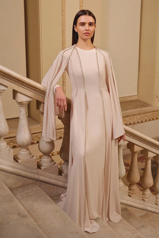 Long Cape-Sleeve Embellished Evening Dress – Beige