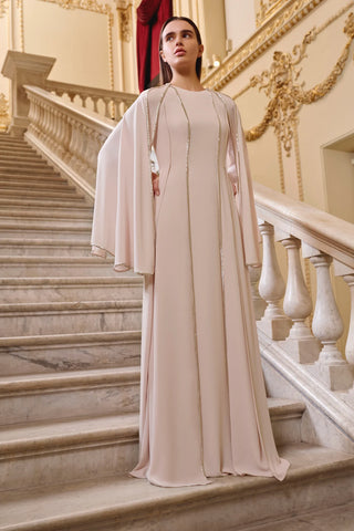 Long Cape-Sleeve Embellished Evening Dress – Beige