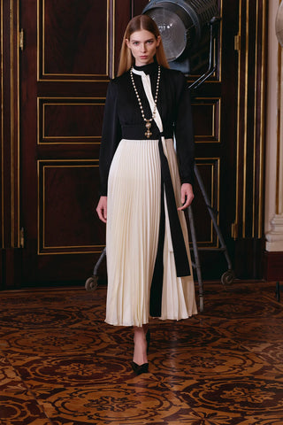 Pleated Panel Long-Sleeve Dress – Black