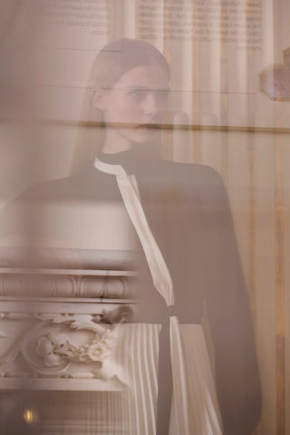 Pleated Panel Long-Sleeve Dress – Black