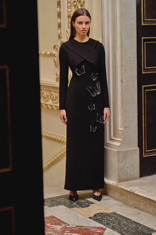 Embroidered Long-Sleeve Evening Dress – Black