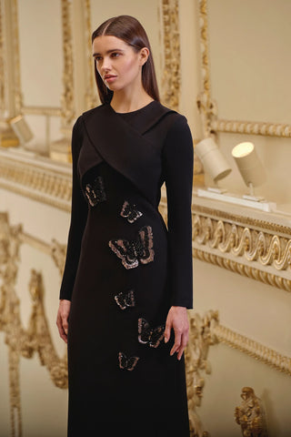 Embroidered Long-Sleeve Evening Dress – Black