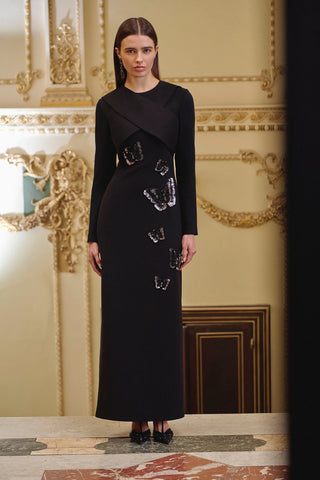 Embroidered Long-Sleeve Evening Dress – Black