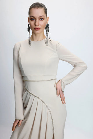 Asymmetric Draped Satin Long Evening Dress with Stone Embellishments - Beige