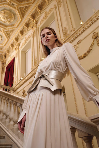 Corset-Waist Maxi Evening Dress – Cream