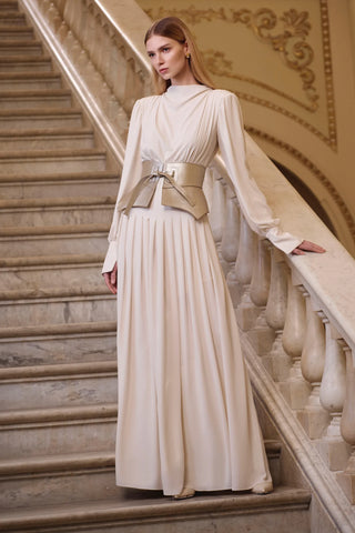 Corset-Waist Maxi Evening Dress – Cream