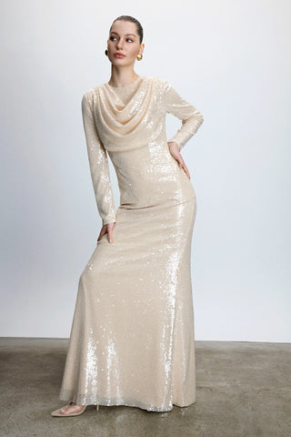 Draped Sequin Evening Dress – Cream