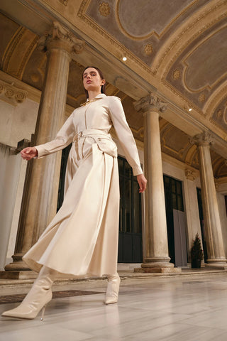 Belted Shirt-Collar Midi Dress – Ecru