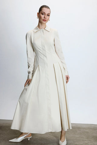 Belted Shirt-Collar Midi Dress – Ecru