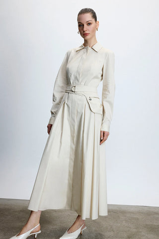 Belted Shirt-Collar Midi Dress – Ecru