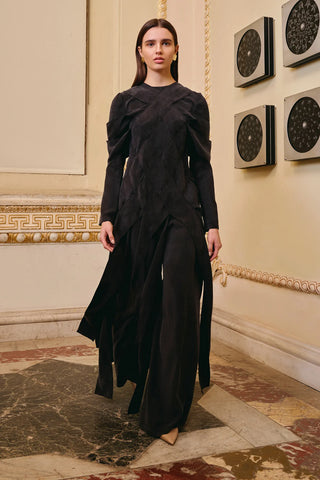 Cross-Stitch Detailed Top & Wide-Leg Pants Set – Black