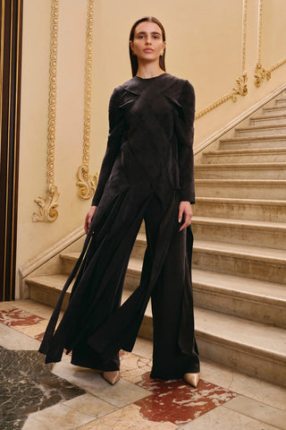 Cross-Stitch Detailed Top & Wide-Leg Pants Set – Black