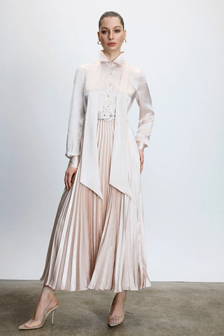 Satin Pleated Belted Dress – Powder