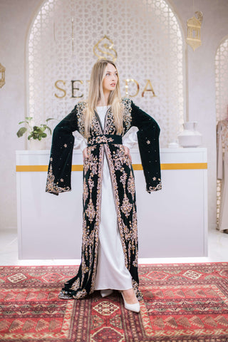 Eclipse Velvet Embellished Kaftan – Dark Green