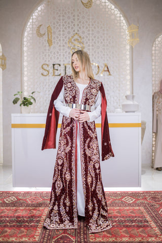 Goldline Couture Embellished Velvet Kaftan – Deep Red
