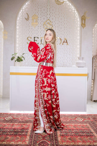 Royal Bloom Embellished Velvet Kaftan – Red