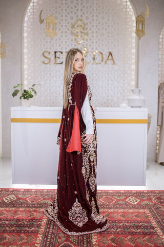 Goldline Couture Embellished Velvet Kaftan – Deep Red