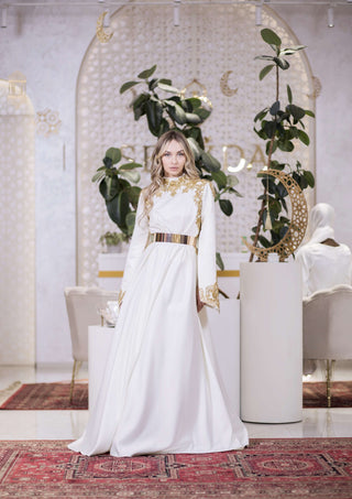 Mystic Gold Embellished A-Line Gown – White