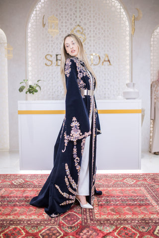 Diamond Bloom Embellished Velvet Kaftan – Navy