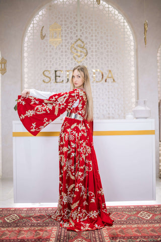 Royal Bloom Embellished Velvet Kaftan – Red