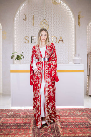 Royal Bloom Embellished Velvet Kaftan – Red