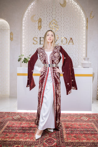 Goldline Couture Embellished Velvet Kaftan – Deep Red