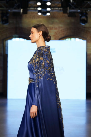 Silk Crescent Balcanian Embroidered Satin Gown – Navy