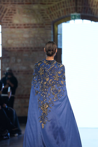 Silk Crescent Balcanian Embroidered Satin Gown – Navy