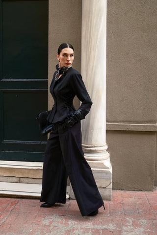 Rena Wool Corset-Blazer with Adjustable Lacing – Black