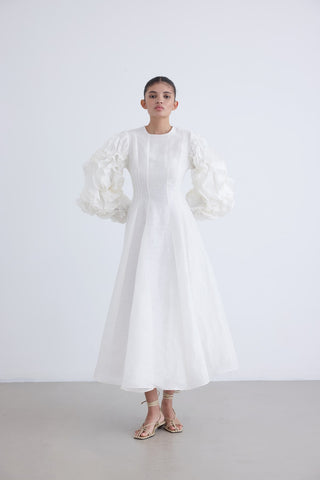 Silk-Linen Ruffled Sleeve Dress – White