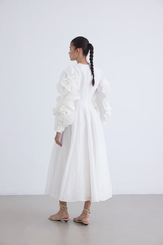 Silk-Linen Ruffled Sleeve Dress – White