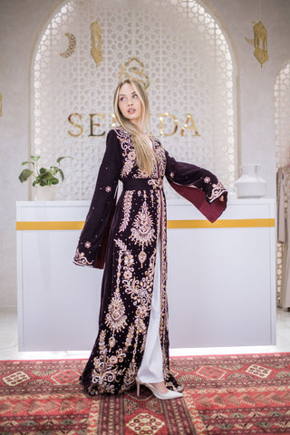Silk Splendor Embellished Velvet Kaftan – Bordeaux