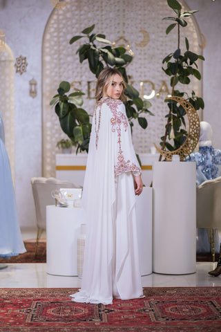 Royal Veil Embellished Abaya – White