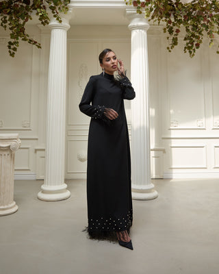 Feather-Trim Crepe Dress – Black