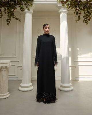 Feather-Trim Crepe Dress – Black