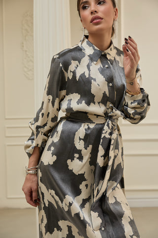 Metallic Satin Shirt Dress – Graphite and Cream