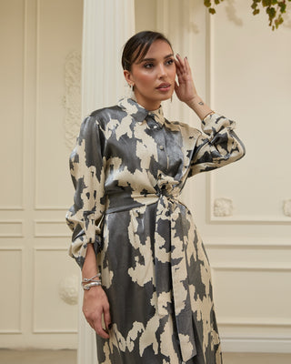 Metallic Satin Shirt Dress – Graphite and Cream