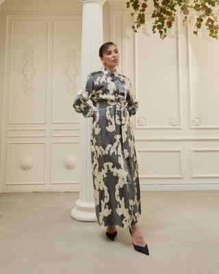 Metallic Satin Shirt Dress – Graphite and Cream