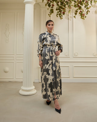 Metallic Satin Shirt Dress – Graphite and Cream