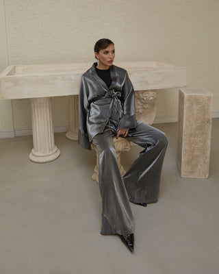 Shimmer Satin Kimono Suit – Metallic Silver