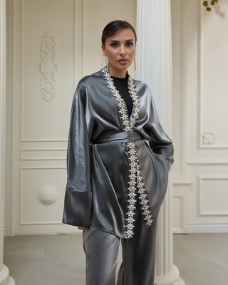 Embellished Kimono Suit – Metallic Silver