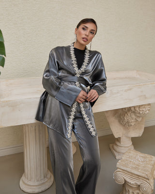 Embellished Kimono Suit – Metallic Silver
