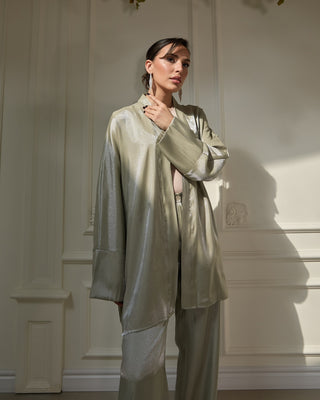 Shimmer Satin Kimono Suit – Metallic Green