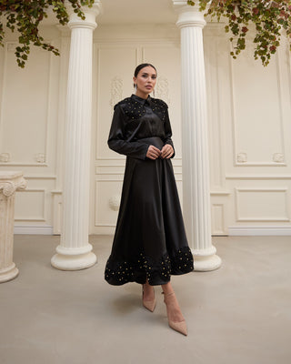Satin Embellished Midi Skirt – Black
