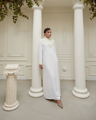 Pearl-Embellished Satin Dress – Ivory