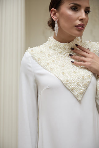 Pearl-Embellished Satin Dress – Ivory